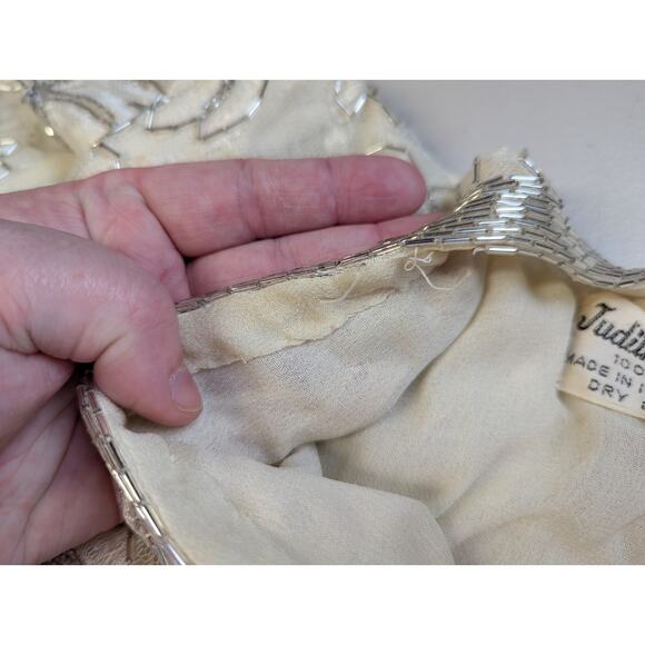 Vtg Judith Ann Plus Beaded Formal Gown Womens 16 Cream Silver Drop Waist Ruching - Picture 9 of 11